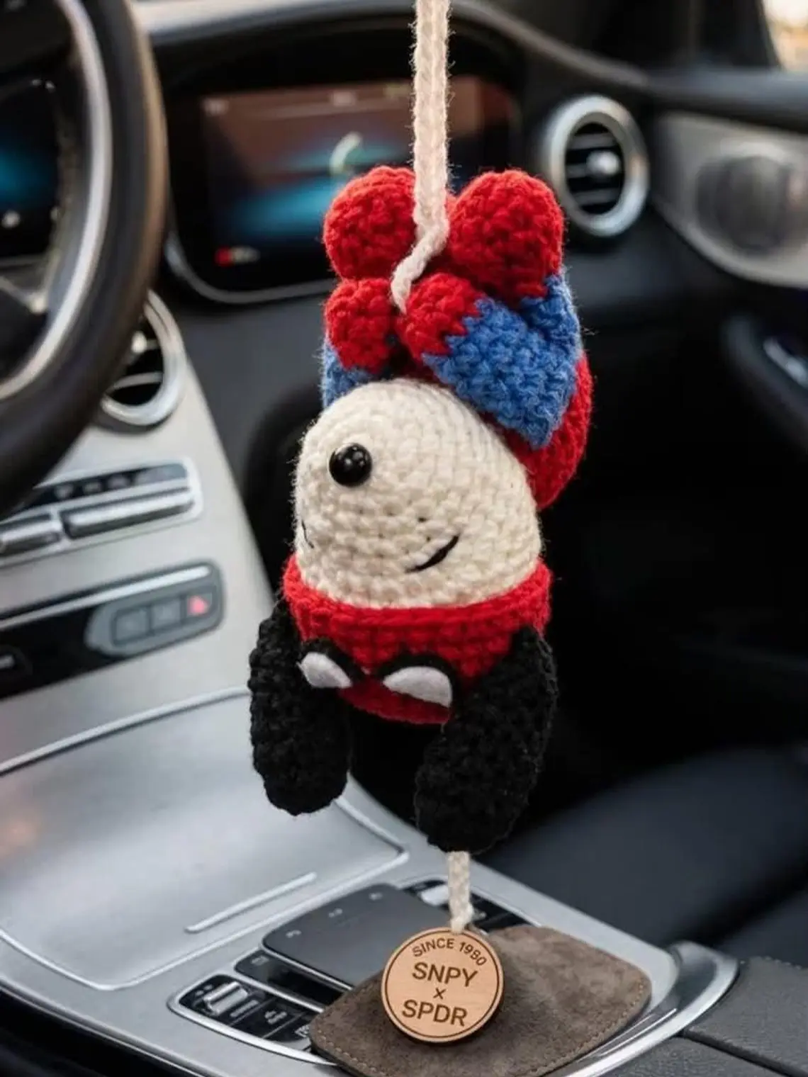Crochet Winter Dog Car Hanging Ornament, Handmade Amigurumi Rearview Mirror Charm, Cute Knit Car Accessory, Holiday Gift, Kawaii Plush Decor