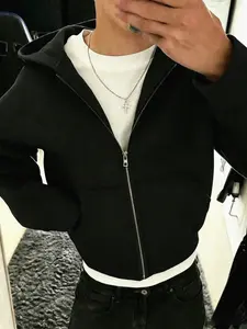 Men's hooded, zip-up cardigan sweatshirt, Casual, soft skin-friendly fabric, lightweight for early autumn-winter transition, versatile for layering or alone, available in black and white, wardrobe essential