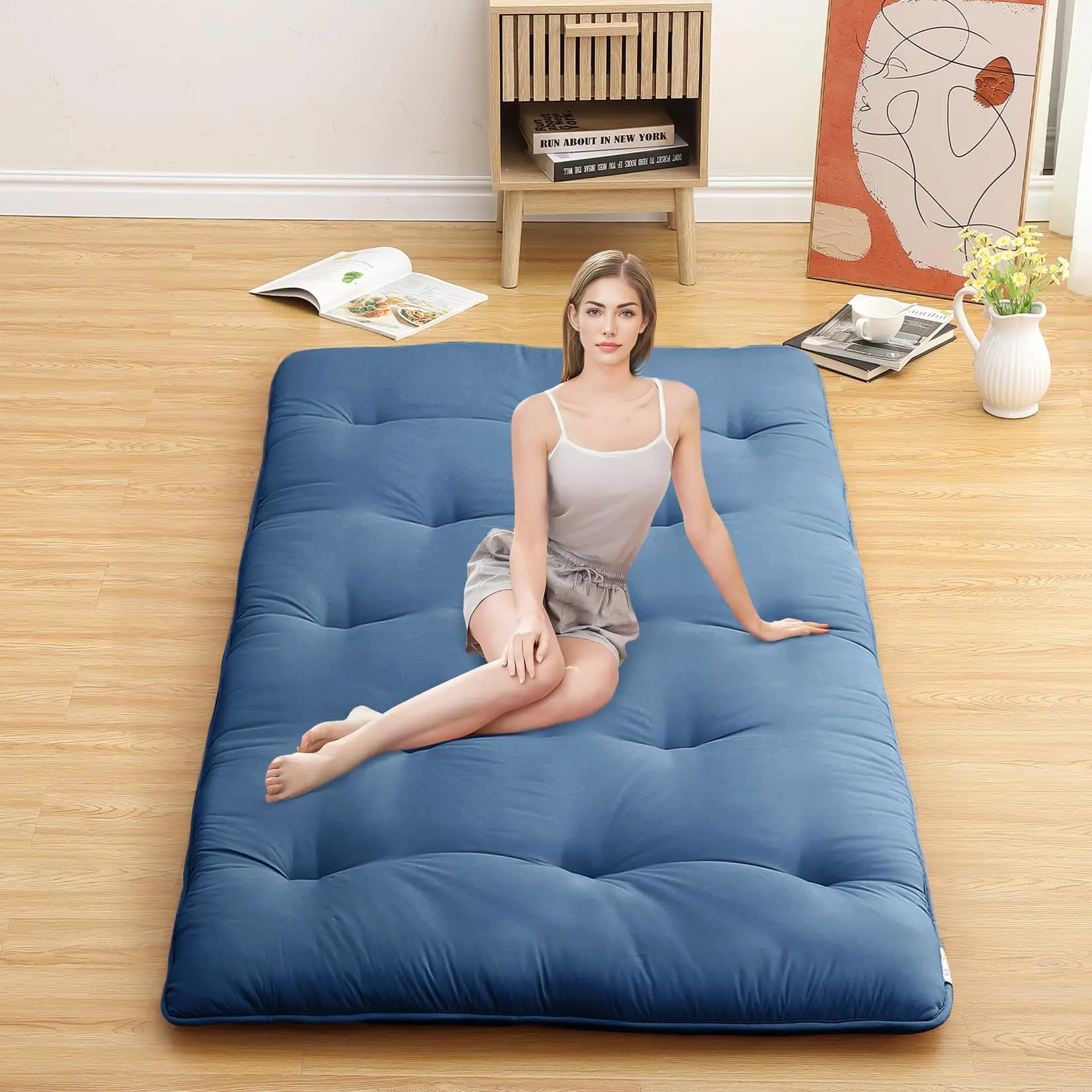 【GARVEE】Japanese Floor Mattress Twin Size 39" x 80" - Portable Roll-Up Tatami Mat Futon Mattress for Adults and Dorm, Camping, Travel Use in Navy