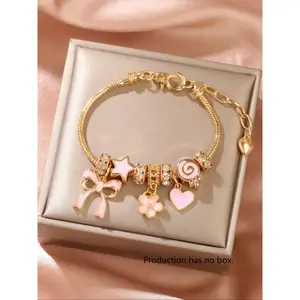 Cute Bow & Heart & Flower Design Charm Bracelet Rhinestone Decorated Bracelet for Women & Girls Trendy All-match & Exquisite Jewelry for Birthday Gift