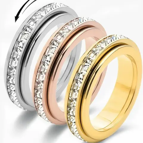 Women's Non-Tarnish Tarnish-Proof Titanium Steel Spinner Fidget Rings with Cubic Zirconia, Comfort-Fit Anxiety Relief Jewelry (Sizes 5-12), Love Gift Accessory, Non Tarnish Jewelry, Tarnish Proof Jewelry