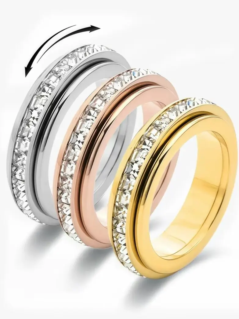 Women's Non-Tarnish Tarnish-Proof Titanium Steel Spinner Fidget Rings with Cubic Zirconia, Comfort-Fit Anxiety Relief Jewelry (Sizes 5-12), Love Gift Accessory, Non Tarnish Jewelry, Tarnish Proof Jewelry
