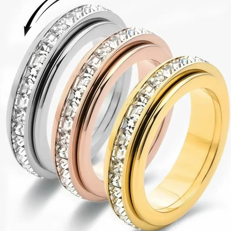 Women's Non-Tarnish Tarnish-Proof Titanium Steel Spinner Fidget Rings with Cubic Zirconia, Comfort-Fit Anxiety Relief Jewelry (Sizes 5-12), Love Gift Accessory, Non Tarnish Jewelry, Tarnish Proof Jewelry