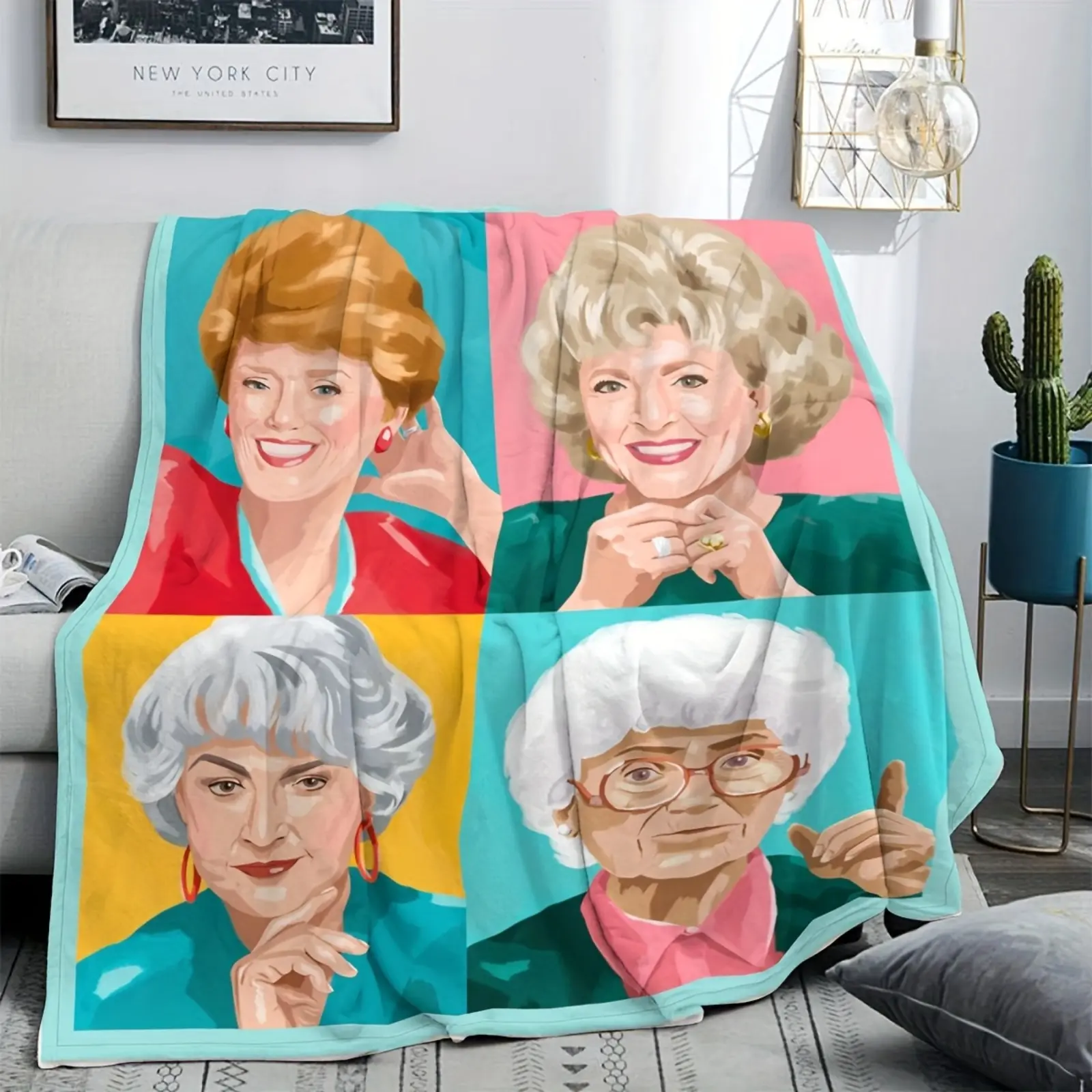 The Golden Girls Four Character Pop Art Grid Watercolor Print Flannel Blanket Soft Warm Throw Blanket, Decorative Couch Bedroom Nap Blanket, Giftable Plush Comfortable Classic 80s Sitcom Home Blanket For Golden Girls Fans All Seasons