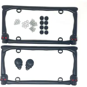 Skull Red Eyes in Flames License Plate Frame Set of 2 with 2 count 3D Skull Metal Emblem Badge Sticker Decal (Black)