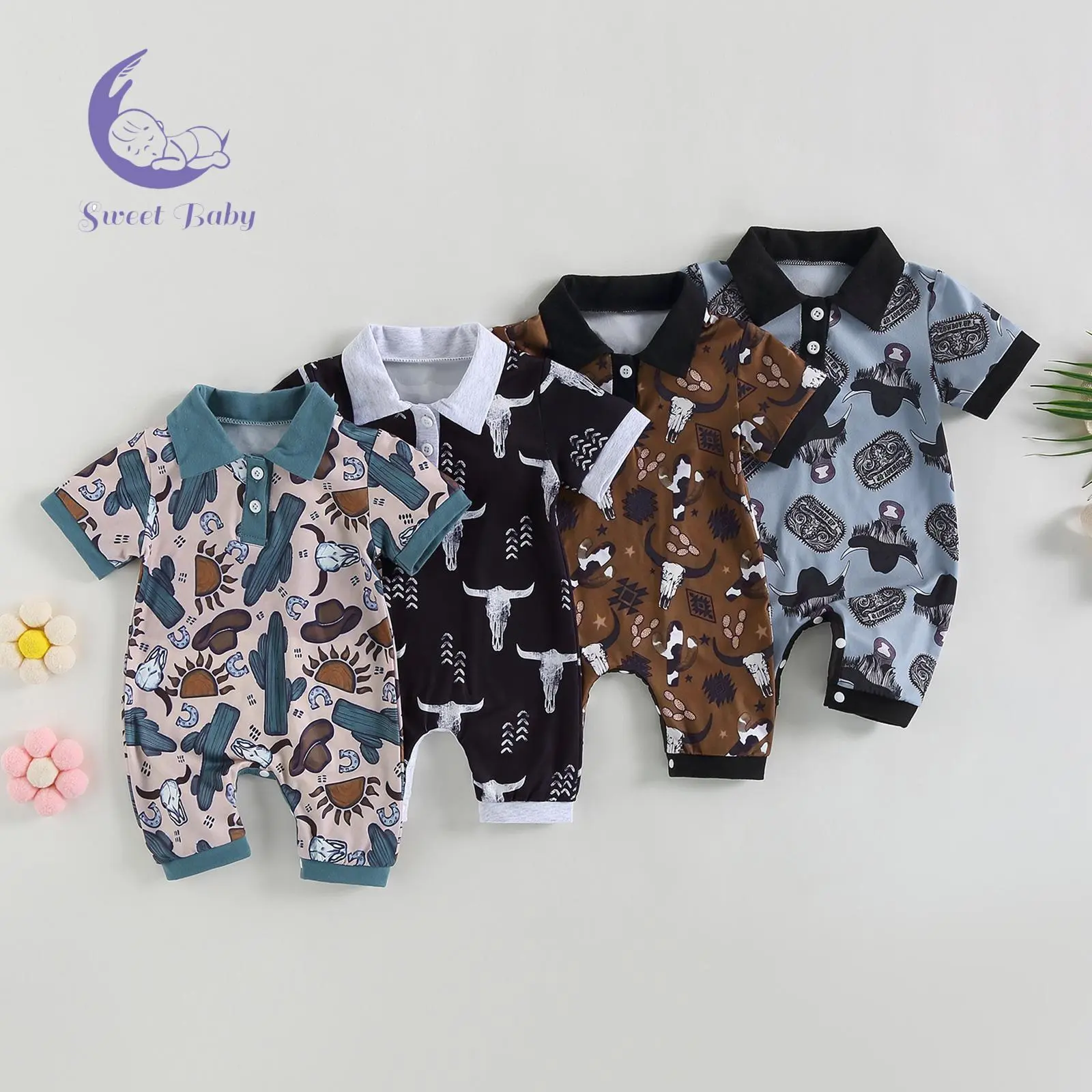 Baby Boys' Short-Sleeve Summer Onesie Bodysuit, Casual Bull Head Print Infant Outfit, Clearance Baby Essentials for Newborns
