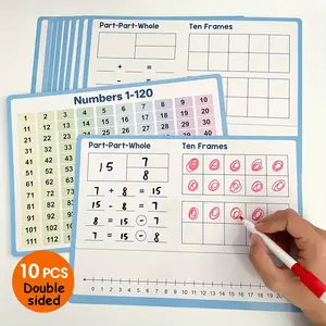 10 Piece Math Manipulatives Set for K-2 Grades 5-8, Double-Sided Dry Erase Boards 1-120 with Ten Frames, Number Lines, Counting Practice, Visual Learning Tools