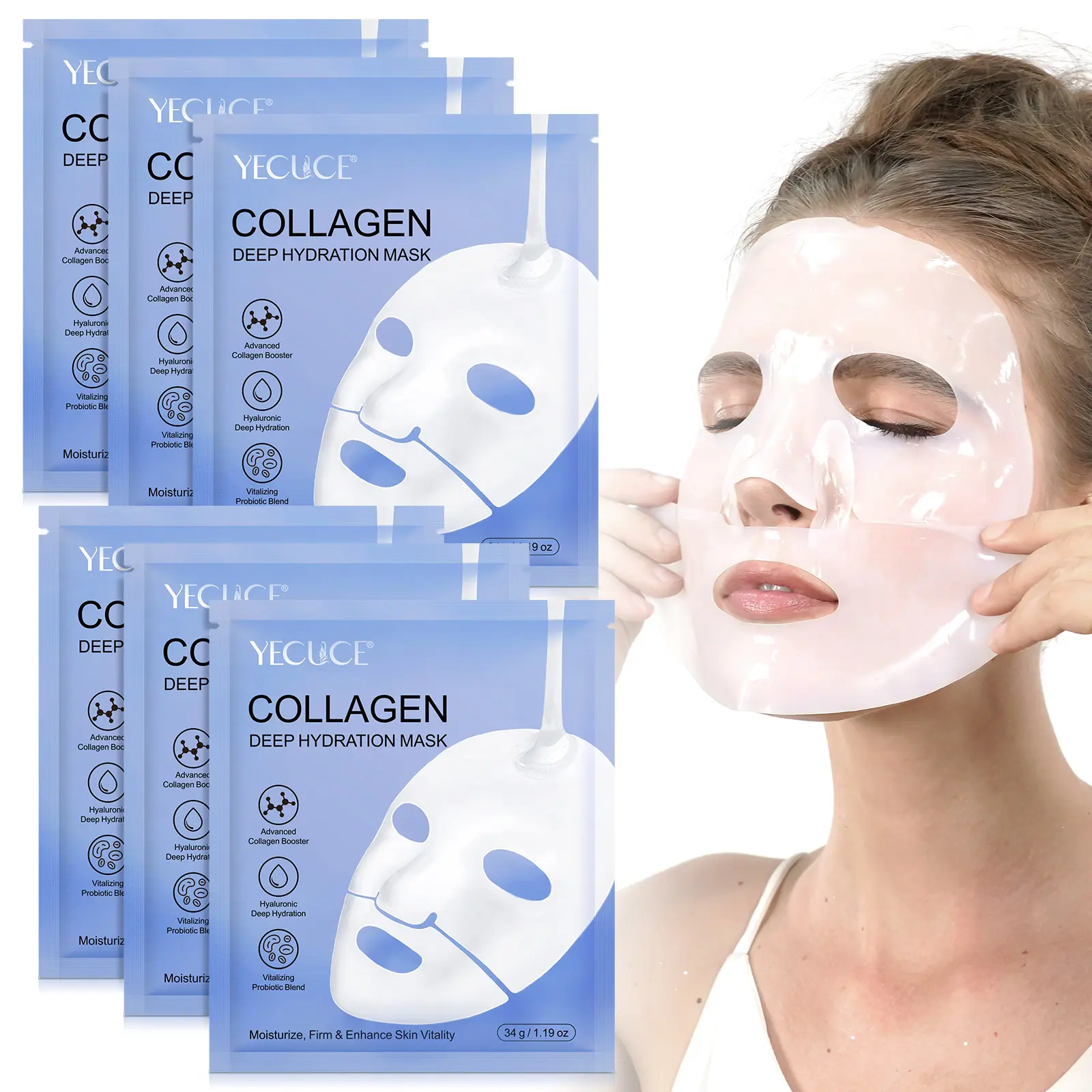 Yecuce Collagen Hydrating Mask 6pcs, Nano Collagen Hyaluronic Acid Probiotics Vitamin E Rose Extract Moisturizing Firming Soothing Calming Non-Irritating Skin Care, Facial