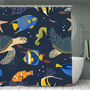 71 x 71 Inch Marine Style Shower Curtain, Waterproof Polyester Fabric Bathroom Curtain with Ocean Wave & Sea Life Pattern, Decorative Bath Curtain for Home Bathroom