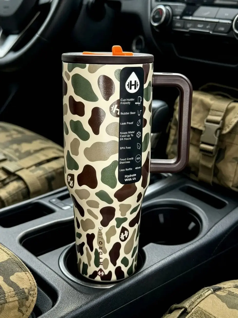 HydroJug 40oz Camo Print Insulated Stainless Steel Tumbler - Leakproof, Handle & Straw Included, 24hr Cold Retention, Car Cup Holder Friendly Travel Drinkware for Iced Coffee (Home & Party Gift Supplies), Default