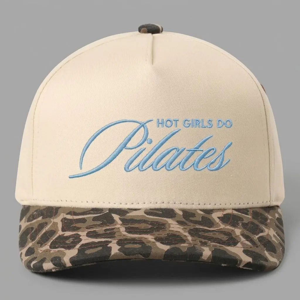 Pilates Embroidered Trucker Hat, Cream Baseball Cap with Leopard Print Brim, Adjustable Snapback Fitness and Workout Hat for Women