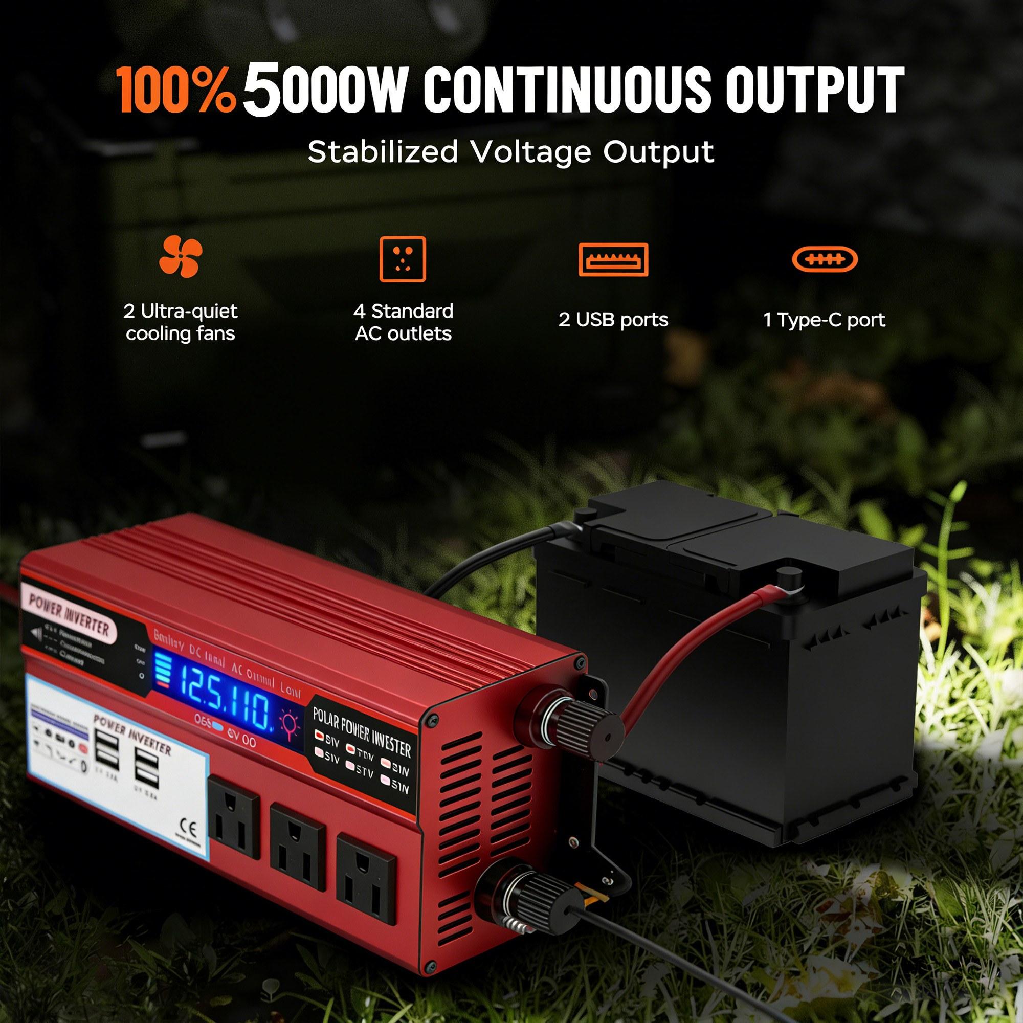 Multi-Protection Vehicle Power Inverter DC 12V to 110V AC with 3 AC Sockets 4 USB Charging Ports 5000W Peak Output Compact Car Converter Ideal for Outdoor Camping RV Truck Travel and Emergency Power Supply