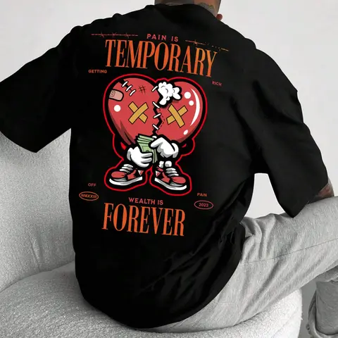 Unisex Loose Baggy Cartoon Graphic Round Neck Drop Shoulder Tee, Casual Streetwear Letter Print Half Sleeve T-shirt for Summer, Fashion Men's Top for Daily Wear