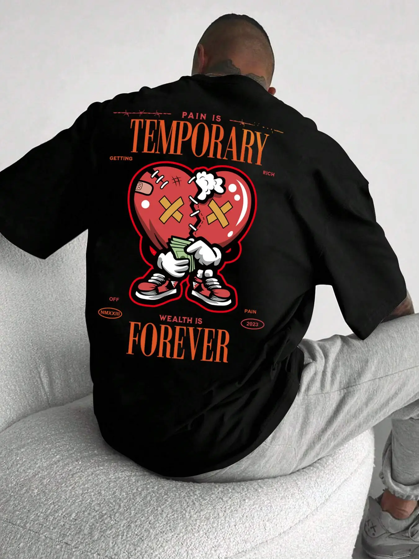 Unisex Loose Cartoon Graphic Round Neck Drop Shoulder Tee, Casual Letter Print Half Sleeve T-shirt for Summer, Fashion Men's Top for Daily Wear