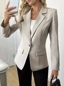 A set of women's apricot colored Long sleeve waist cinched Fitted Elegant Chic Lady Womenswear suit jacket, suitable for autumn and winter, suitable for home, indoor, and outdoor wear