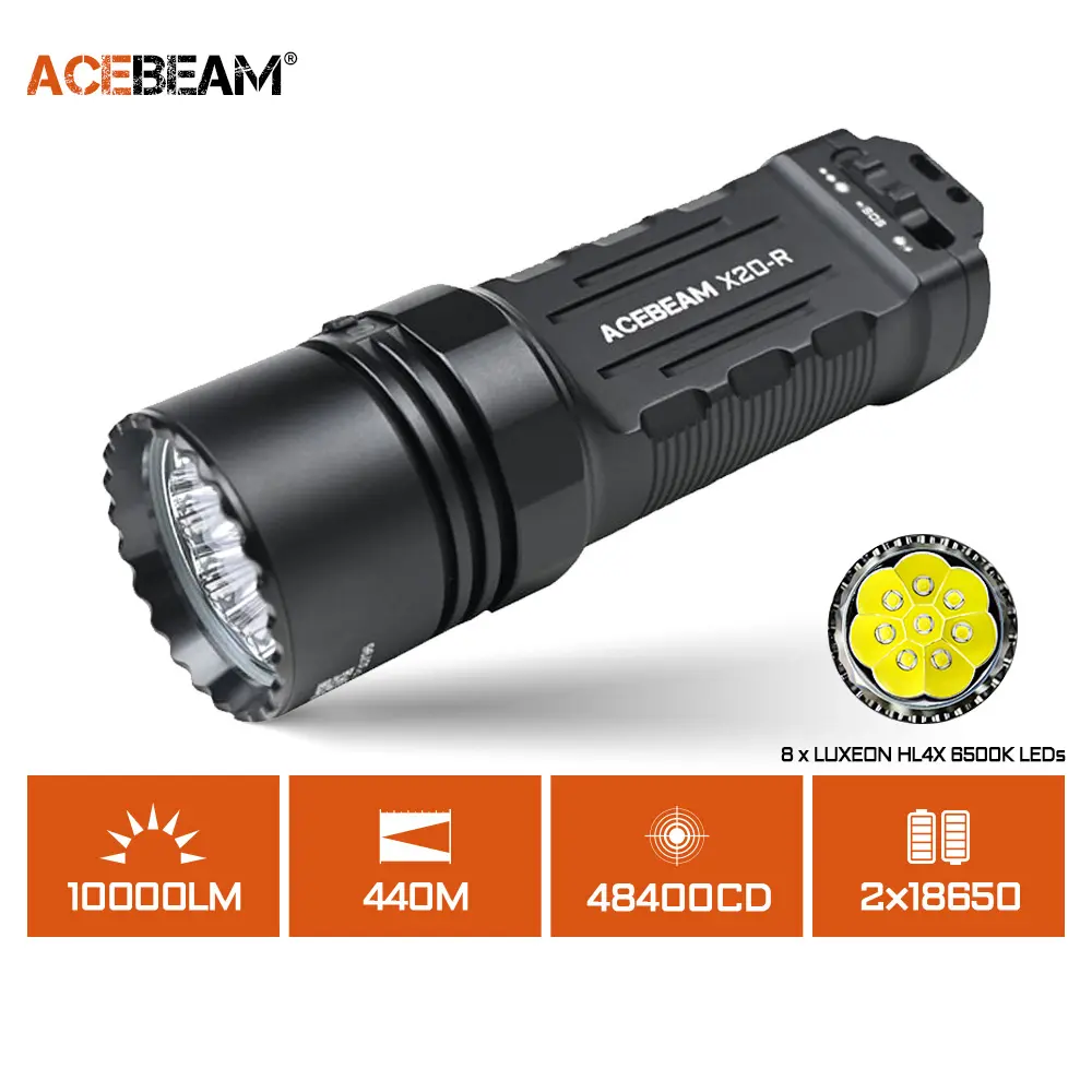ACEBEAM X20-R Tactical High Lumen Flashlight - 10000 Lumens, 293g Compact Grip, LED Rechargeable, USB-Port Charging, Aluminum Alloy Body, Glass Lens, Lithium-Ion Battery, 28H UL Mode, 50s On Turbo, SOS 3min~3.5h, Caving Gear High Lumens Flashlight Led Rec