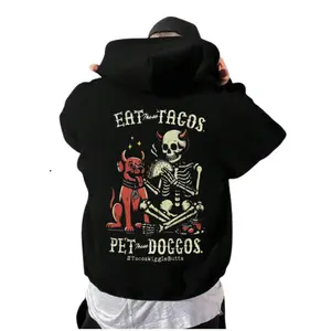 Eat Tacos Pet Doggos Devil God&Skeleton Print Men's T Shirt, Skull And Dog Sweatshirt, Menswear Hoodie , Unisex Sweater Pullover Tee