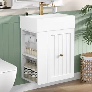 20-Inch Bathroom Vanity with Ceramic Sink, MDF Storage Cabinet with Drawer, Side Shelf & Golden Handle – Space-Saving Modern Vanity for Small Bathrooms