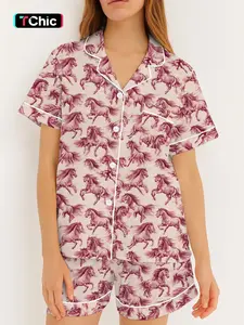 Women's Comfortable Horse Animal Print Pajama Set, Short Sleeve Shirt and Pants Two-Piece Sleepwear Loungewear, Fitted Party Wear, All Seasons, Chinese style