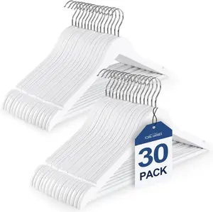 Wooden Coat Hangers 30 Pack, White Wood Suit Hangers with Non Slip Pants Bar, 360° Swivel Hook and Shoulder Notches for Camisole, Jacket, Pants, Smooth Finish Clothes Hangers -CT34W30