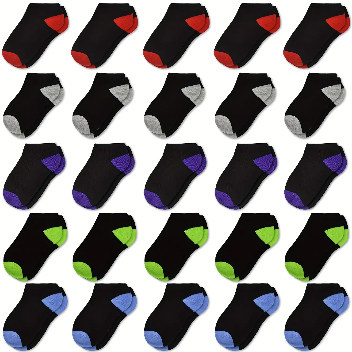 Boys' Thickened Colorblock Ankle Socks, 25 Pairs Polyester Blend, Breathable Non-Slip All-Season Socks for 1-14 Years Old Children's Outdoor Use, All Seasons, Ages 1-14