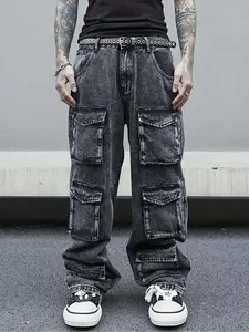 Men's Classic Wide-Leg Denim Trousers - Menswear Streetwear Clothes, Solid Color Casual Loose Fit, Polyester-Viscose Cotton Blend Fabric, All-Season Wear