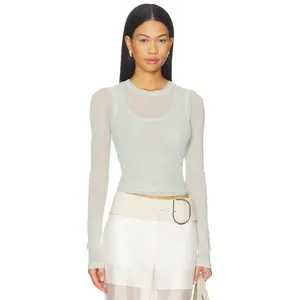 Helmut Lang Mesh Layered Long Sleeve Top in Aqua Gray