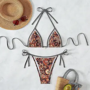 New Bikini Two-Piece Swimsuit Printed Sexy Strap Swimsuit Bikini Set with Adjustable Straps and Floral Pattern
