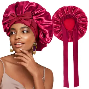 Adjustable Satin Sleep Bonnet with Long Tie Band, Soft Faux Silk & Silk-Like Solid Color Hair Wrap Cap, Wide Edge Anti-Frizz Night Turban for Curly & Natural Hair, Elastic Beauty Salon Headwear for Women