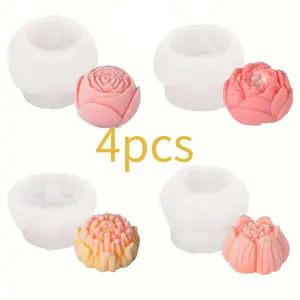 4-Pack DIY 3D Flower Silicone Molds, Rose, Lotus, Hibiscus, Peony Fondant Molds Candle Moulds Perfect for Candles, Resin, Plaster, Etc