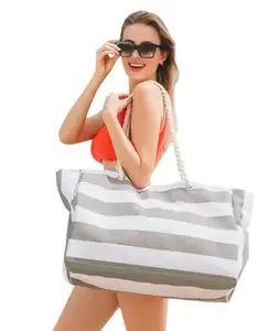 Custom Waterproof Striped Beach Tote Bag with Rope Handle