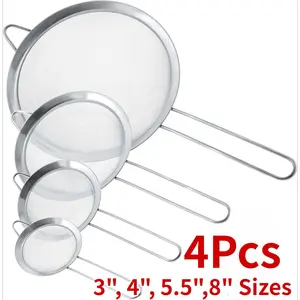 4Pcs Premium Quality Fine Mesh Stainless Steel Strainers - 3", 4", 5.5" and 8" Sizes - Sift, Strain, Drain and Rinse Vegetables, Pastas & Tea Kitchen Supply Set Sturdy Utensils Handles