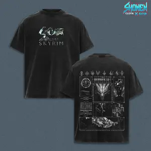 The Elder Scrolls V Skyrim Graphic Tee - Vintage Acid Wash Heavyweight Tee, Alduin Dragon Warrior Gaming Streetwear Tee, Nordic Runes Constellation Over-sized Tee, Gamer Merch Clothing, Open World RPG Retro Top Gift For Gamers