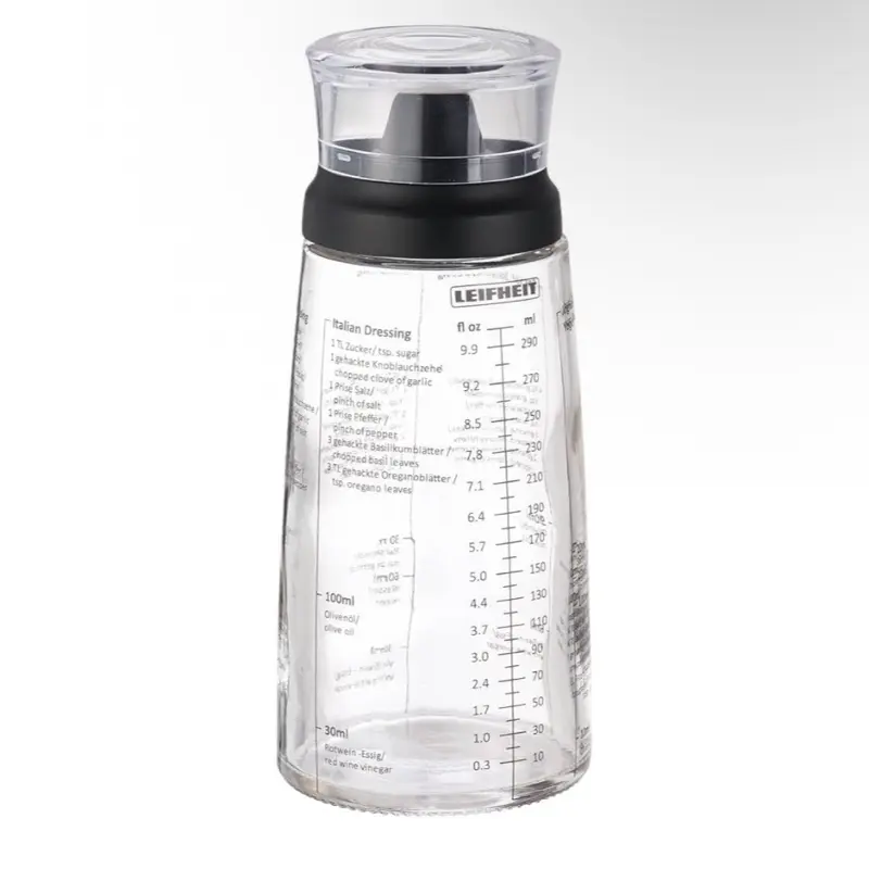 Leifheit 10 oz Sturdy Glass Salad Dressing Bottle - Glass Body, Plastic Lid, Non-Drip Spout, Dishwasher Safe, German Design, Elegant, Eco-Friendly, Black Home Storage Jar, Kitchen
