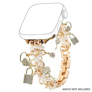 Faux Pearl Decor Watch Band with Key & Lock Charm, Fashionable Watch Band for Women, Watch Accessories Compatible with Apple Watch Series