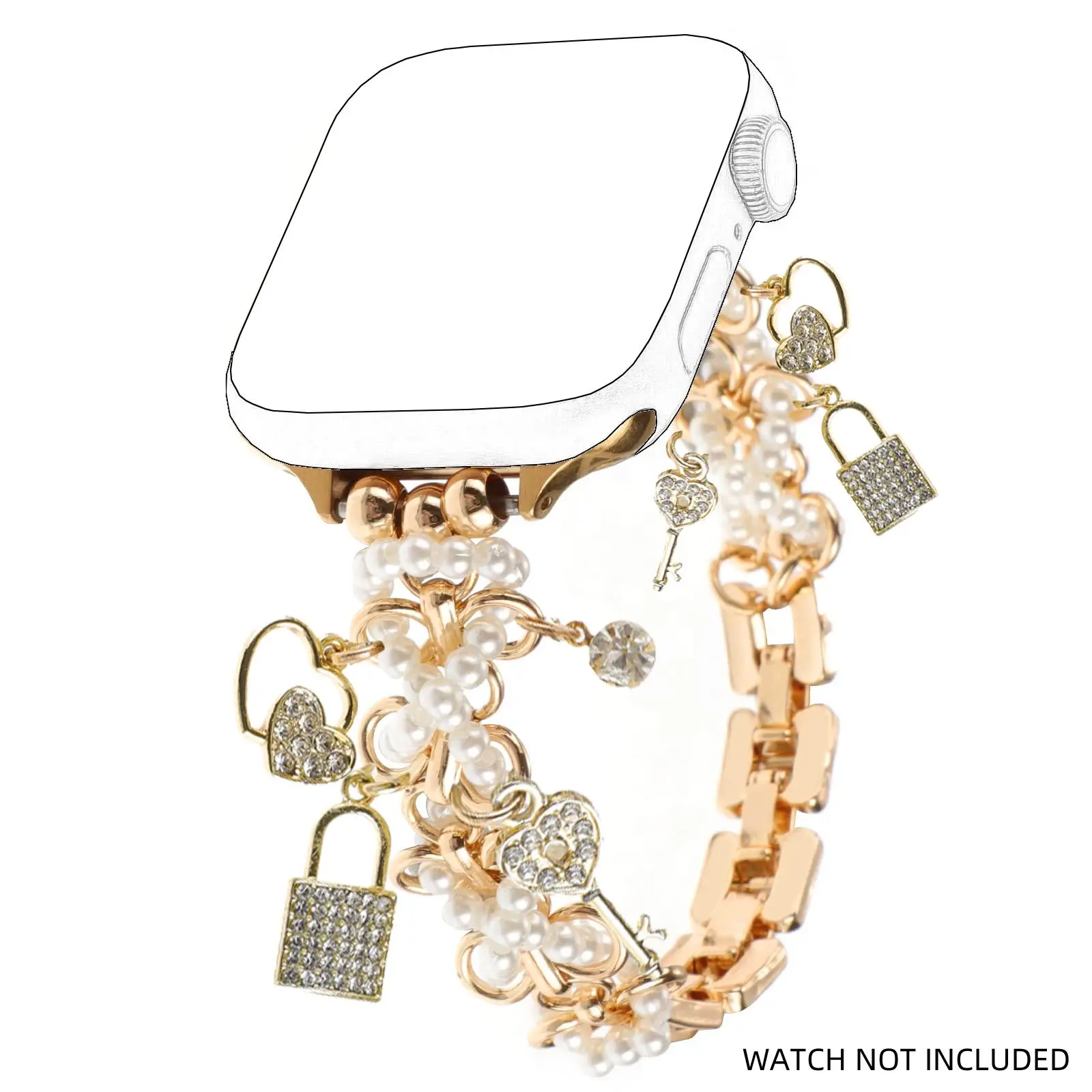 Faux Pearl Decor Watch Band with Key & Lock Charm, Fashionable Watch Band for Women, Watch Accessories Compatible with Apple Watch Series