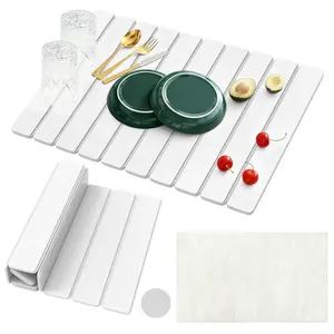 Upgraded Stone Dish Drying Mat Quick Dry Leakproof, 16''x12'' Large Drying Matt Kitchen Counter Decor, Collapsible Dish Mat Drying Kitchen Mat, Diatomaceous Earth Stone Bath Mat for Bathroom RV Essentials Wipes