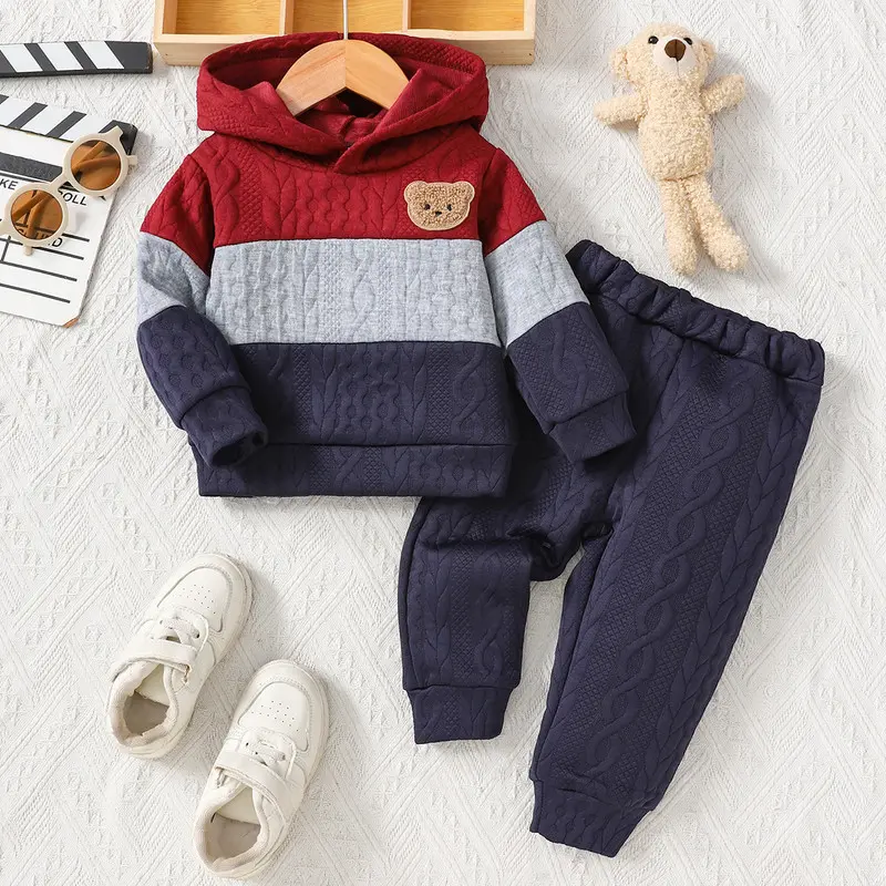 Ready Stock 6m-3y Baby Boys Color Block Cable Knit Set Bear Patch Long Sleeve Hoodie & Pants 2Pcs Casual Fall Winter Outfits 42507042