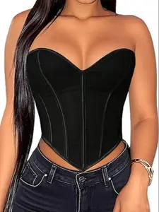 Women's Heart Corset Top, Lace up Boned Overbust Corset Tube Top Bodysuit ﻿ Waist Trainer Strapless Bustier Lingerie Bodyshaper Tops, Summer Going Out Sexy Strapless Bustier Crop Top Outfits for Party,Gothic,Halloween Costumes #FallFreshness