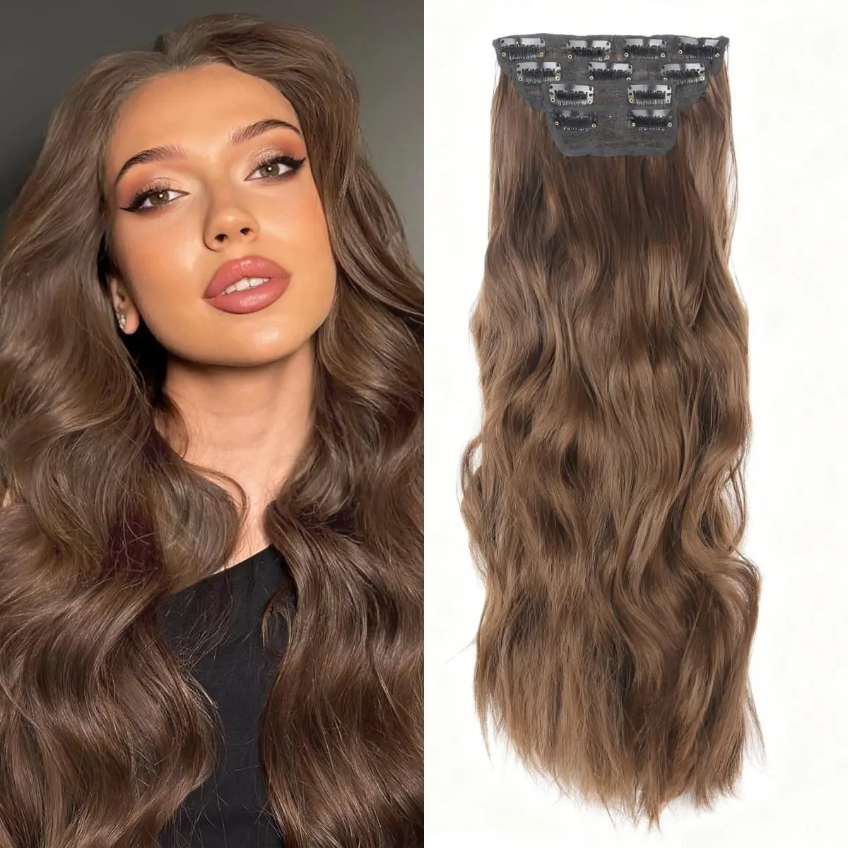 Women's 20-in Clip in Hair Extensions, Chestnut Brown Synthetic Hairpieces, 4Pcs Thick Double Lace Weft Invisible Clips, Natural Wave-Water Wave for Everyday Wear & Thick Volume, Hair Extensions Clip In, Female