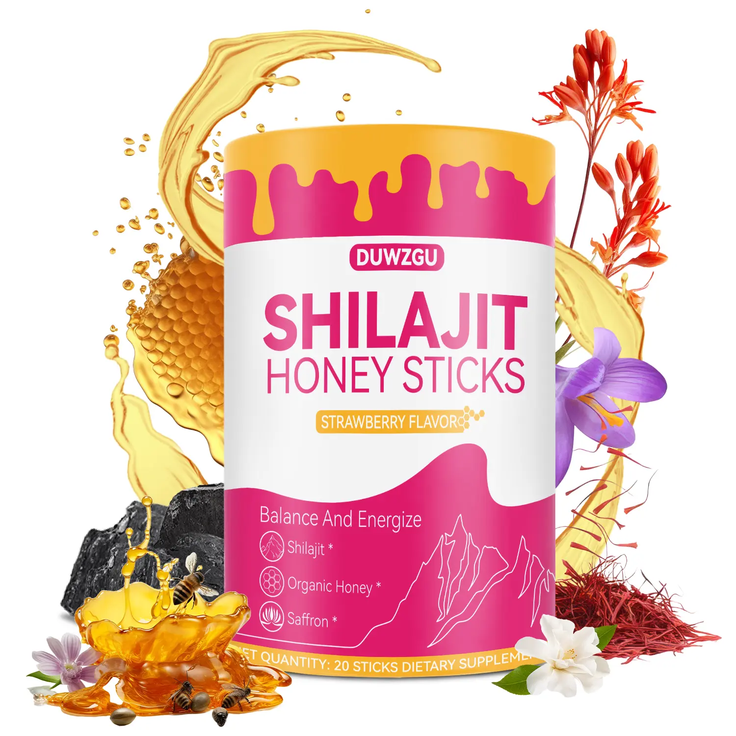 Feminine Multi-Mineral Honey Sticks with Shilajit Shatavari & Saffron for Hormonal Balance & Energy, Strawberry Flavor Healthcare Dietary Supplements