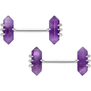 14G 9/16 Purple Amethyst Stone Obelisks Barbell Nipple Ring Set