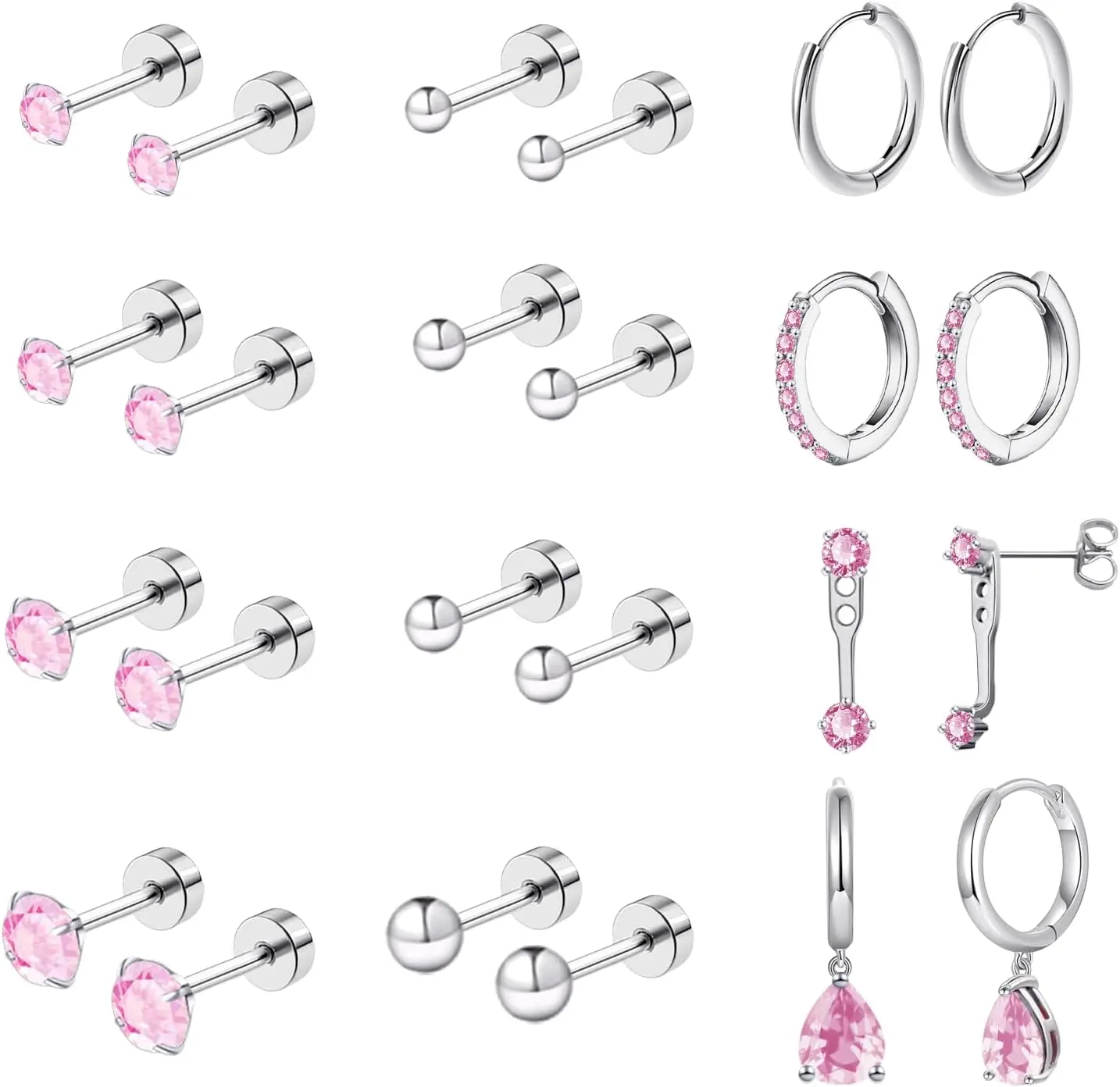 Flat  Earrings for Women Surgical Stainless Steel Earrings for  Ears  Screw  Stud Hoop Earring Stacks Dainty Cartilage Flatback Earring Set for Multiple Piercing
