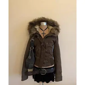 Gothic Fashion American Vintage Fur Lined Warm Jacket Womens Brown Zipper Hooded Coat Autumn Winter Warm Casual Coats Long Sleeve Fitted Basic Minimalist Outerwear Faux Fur Half Zip Rhinestone Hoodie Sweatshirt Cropped Puffer Vest