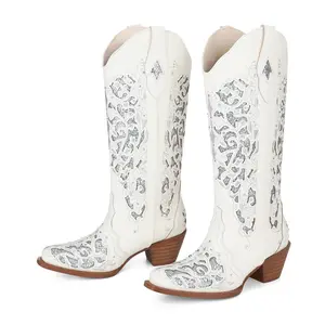 EROCALL Women's Glitter Rhinestone Cowboy Boots Vintage Embroidered Mid Calf Cowgirl Boots with Chunky Heel Sparkly Western Boots for Wedding Occasions
