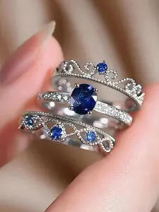3-Piece Blue Diamond Princess Crown Ring Set, Elegant Geometric Design, Alloy Material, Perfect for Engagement and Wedding
