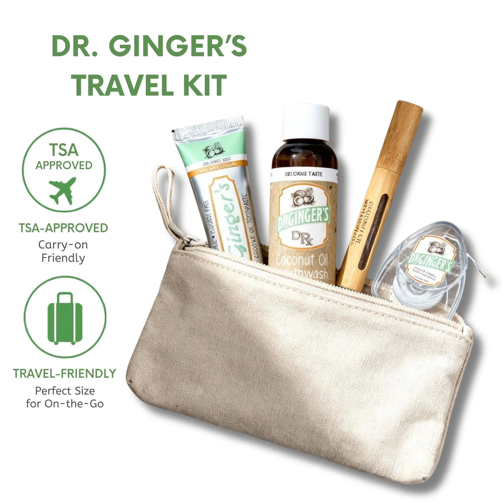 Dr. Gingers Travel Size Oral Care Kit with 1 Toothpaste Coconut Oil Pulling Mouthwash Floss & Whitening Pen Bundle. Promotes Fresh Breath Whiter Teeth Minty zero waste