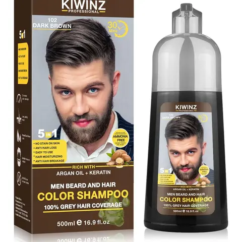 KIWINZ PRO 5-in-1 Hair Dye Shampoo for Men & Women 500ml Argan Oil & Keratin Formula No Skin Staining Anti-Hair Loss Moisturizing Breakage Repair Haircare Conditioner Cleanser hydrate hair Black Hair Dye Shampoo with Growth Cleansing Moisturizer