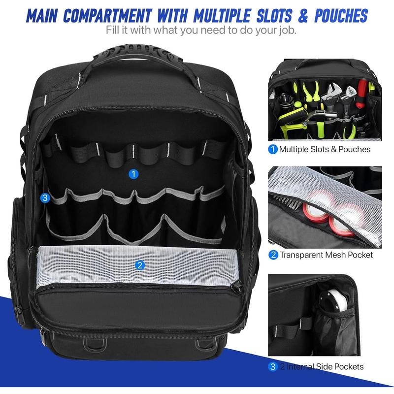 Tool Backpack,Heavy Duty Tool Bags for Men,Tool Storage Organizer Bag With 3 Tool Pouches for Electrician/Industrial/Construction/Tactical/Hvac Techs/Repairman Work