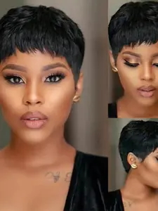 Short Pixie Wigs Human Hair With Bangs Pixie Cut Wigs Natural Black Brazilian Virgin Hair 6 inch Full Machine Made Wigs for Women